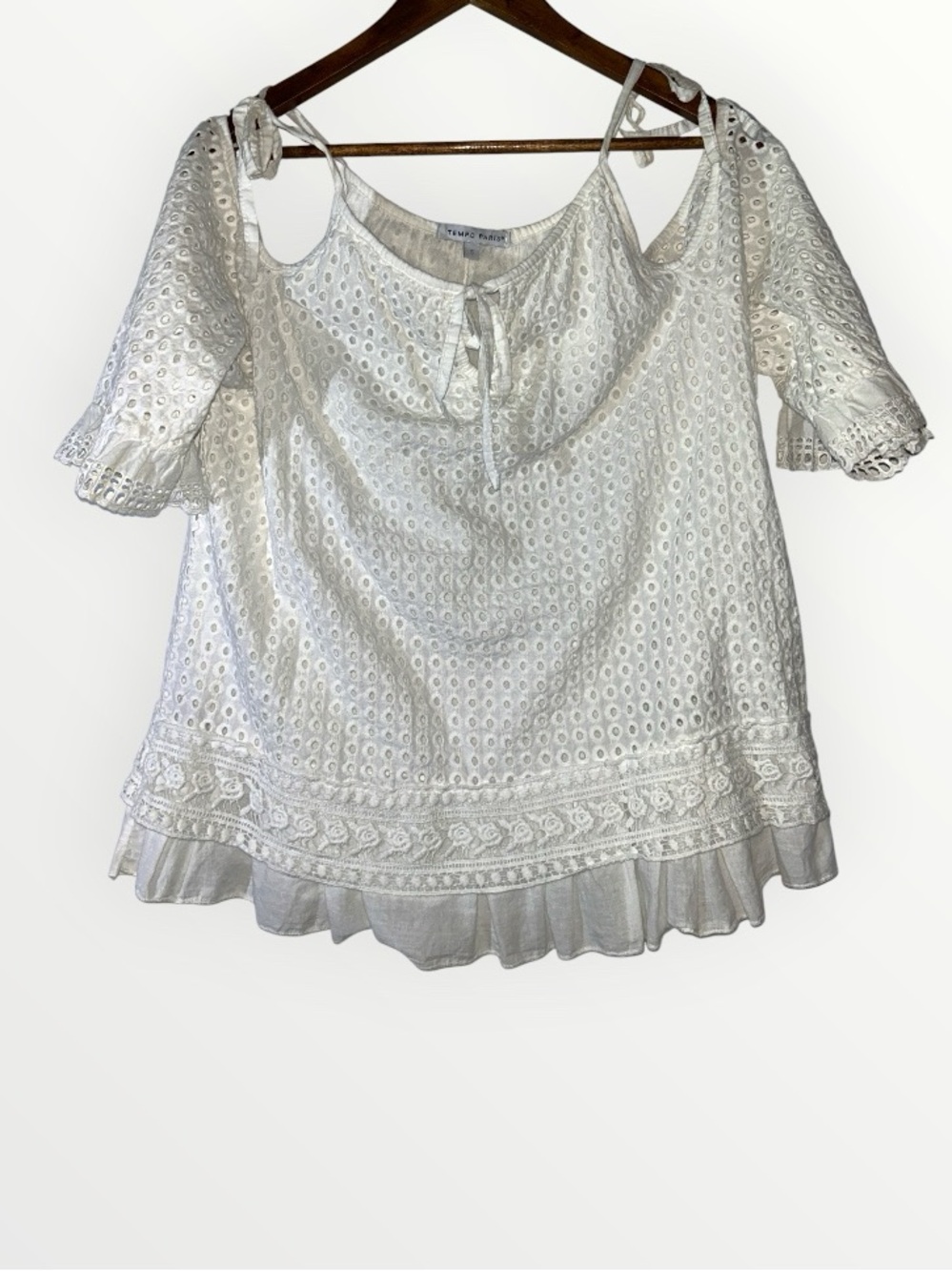 Tempo Paris White Eyelet Cold Shoulder Blouse Boho Lined Cotton Top SIZE SMALL